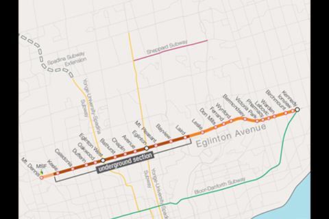 Map of the Eglinton Crosstown LRT project.